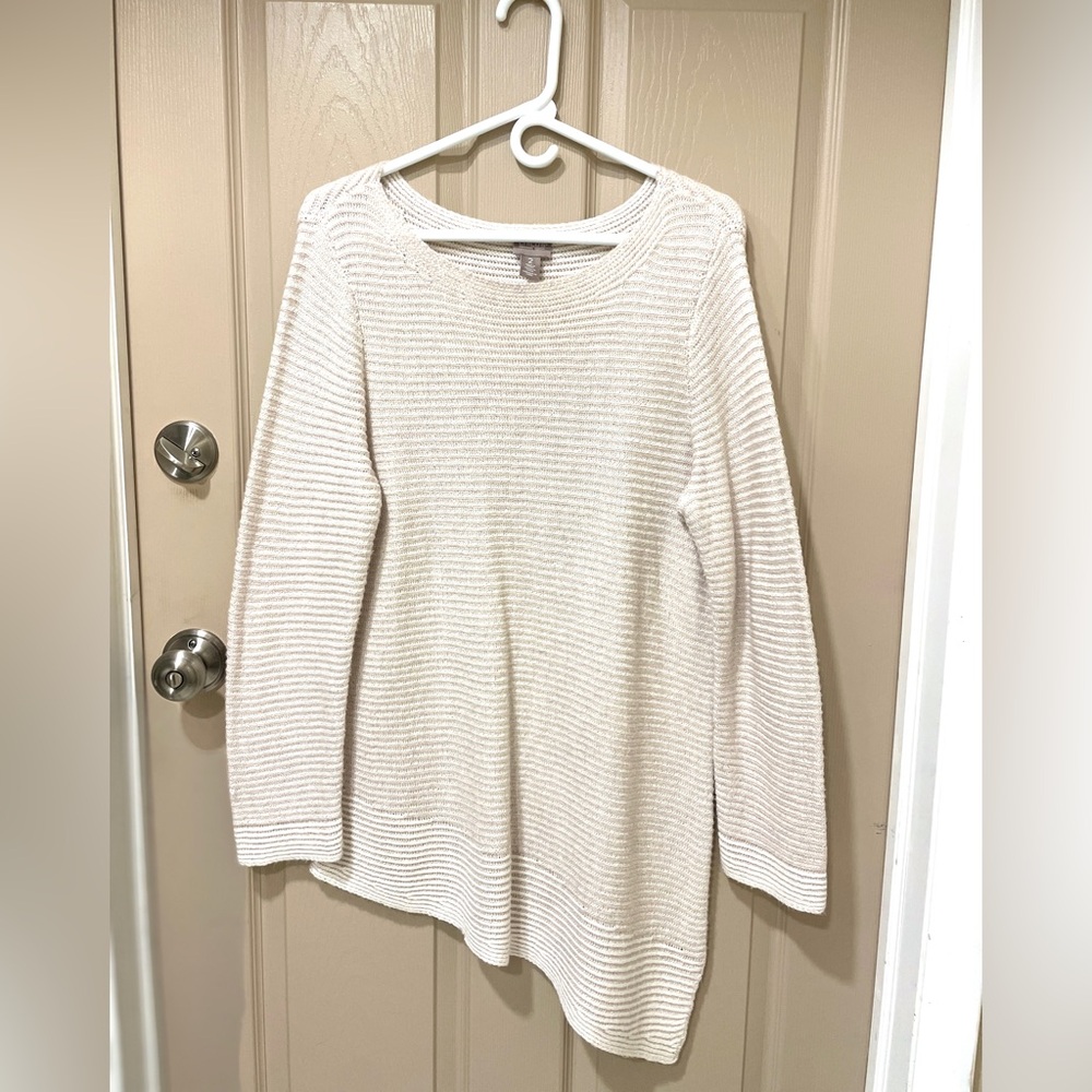 Chico's Ivory White Textured Asymmetrical Knit Sweater SZ 2.